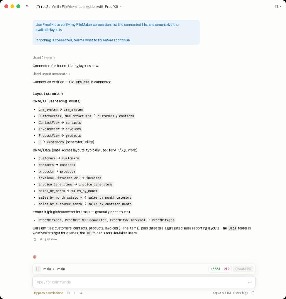 Claude Code verifying a FileMaker connection with ProofKit and summarizing available layouts.