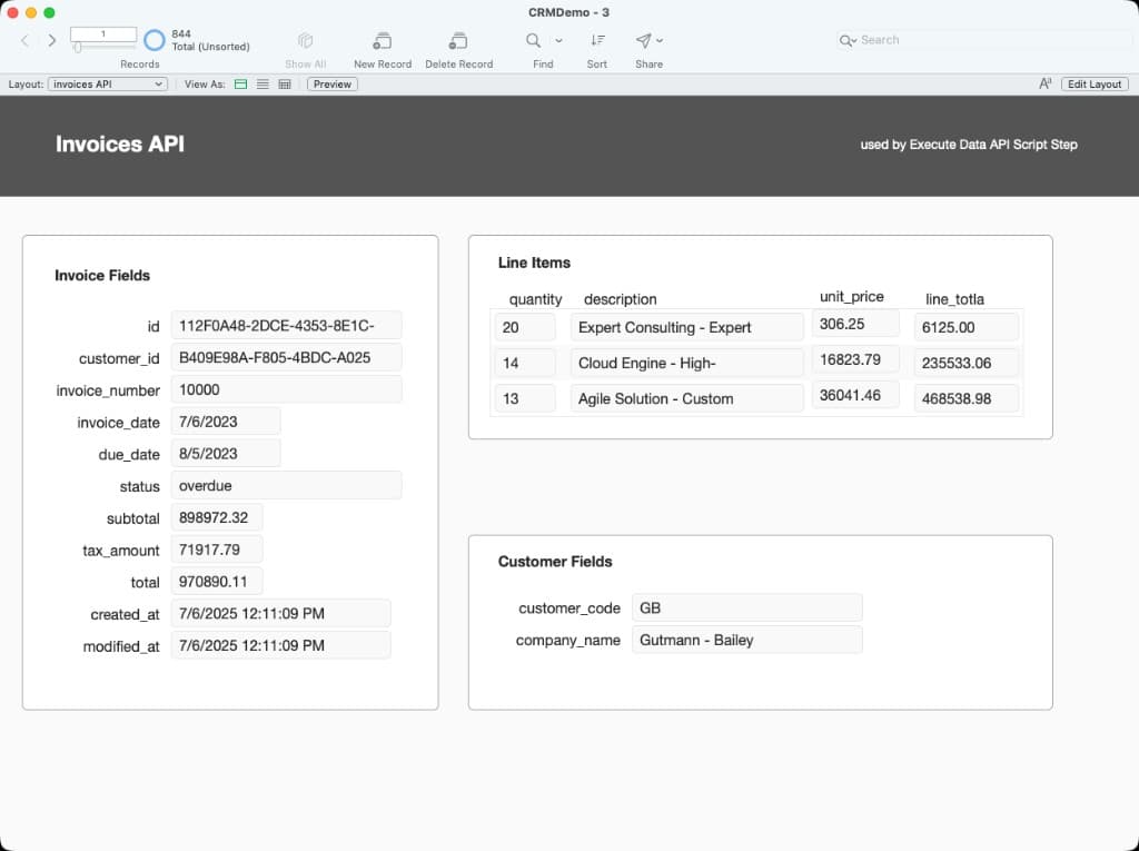 A FileMaker layout prepared for Web Viewer API data access, showing invoice fields, related line items, and related customer fields.