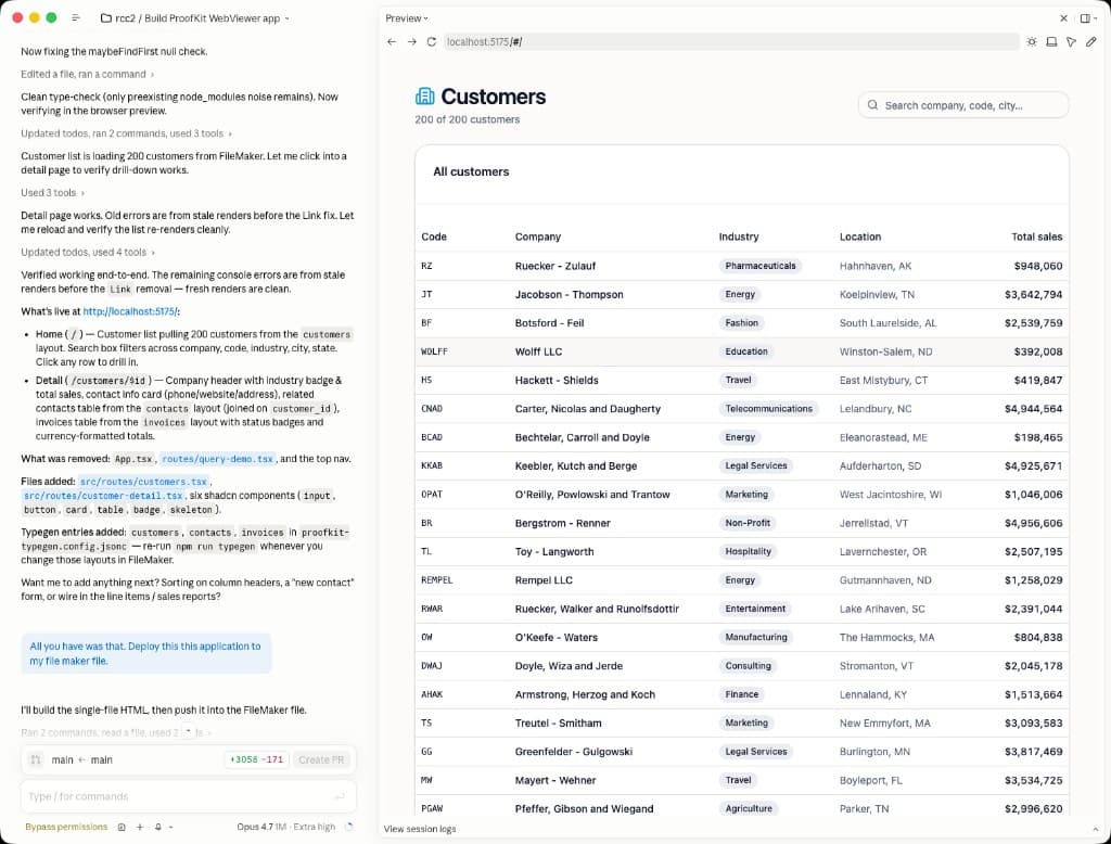 Local preview of a generated ProofKit Web Viewer app showing FileMaker-backed customer data.